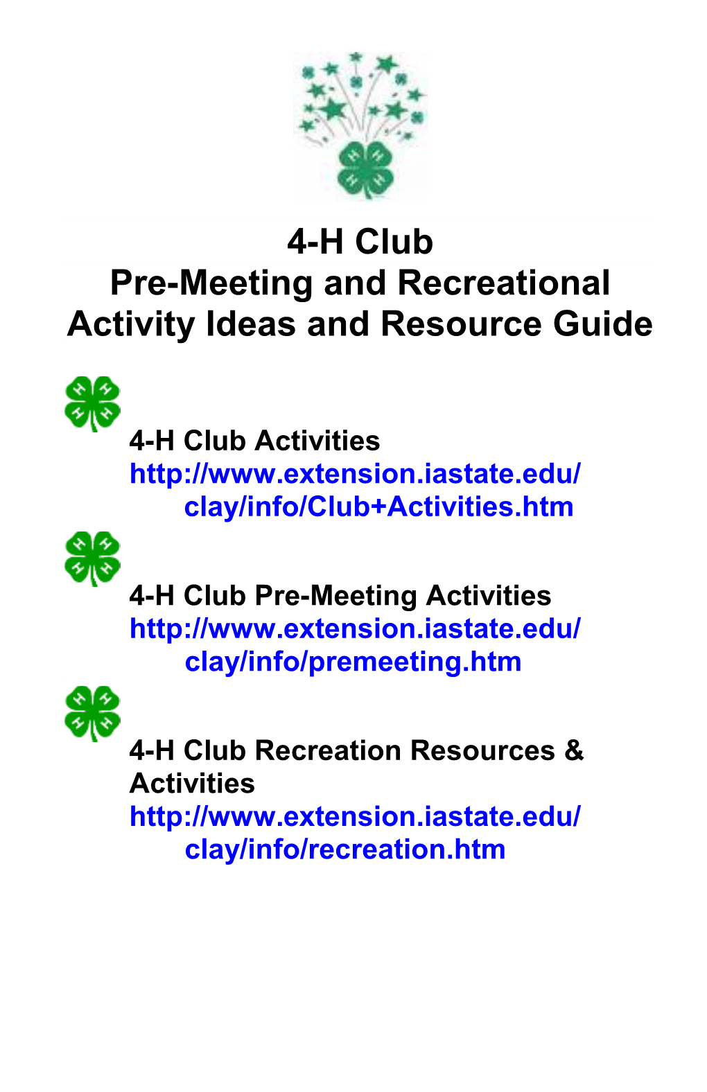 Pre-Meeting and Recreational Activity Ideas and Resource Guide