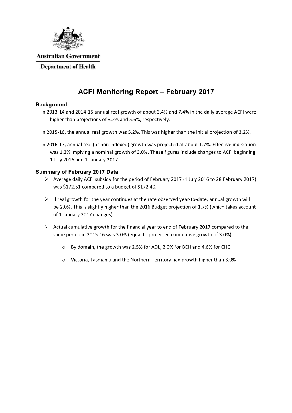 ACFI Monitoring Report Feb