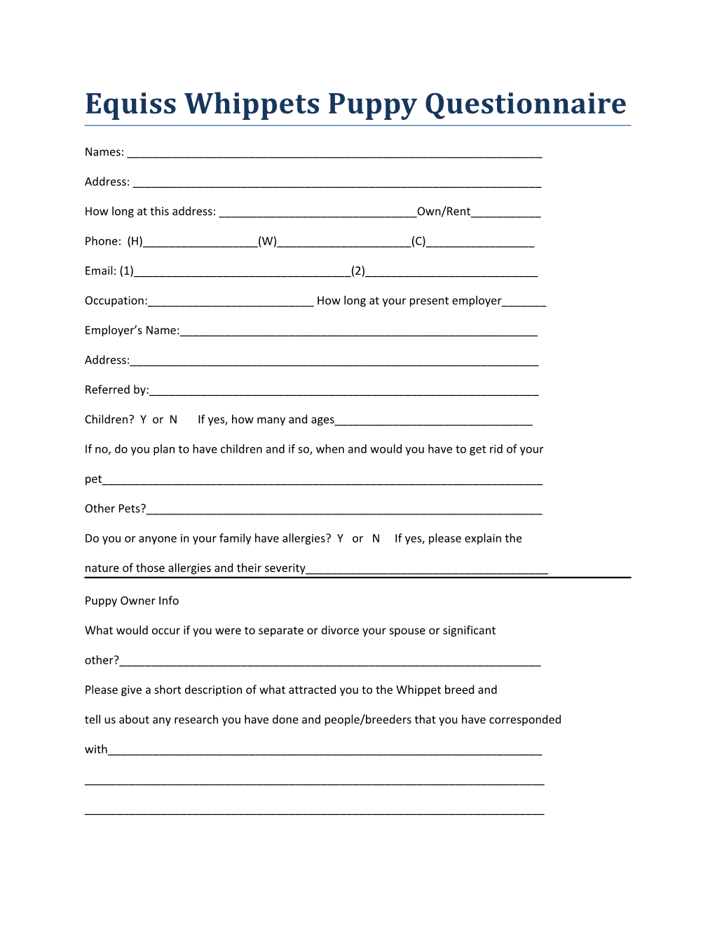 Equiss Whippets Puppy Questionnaire