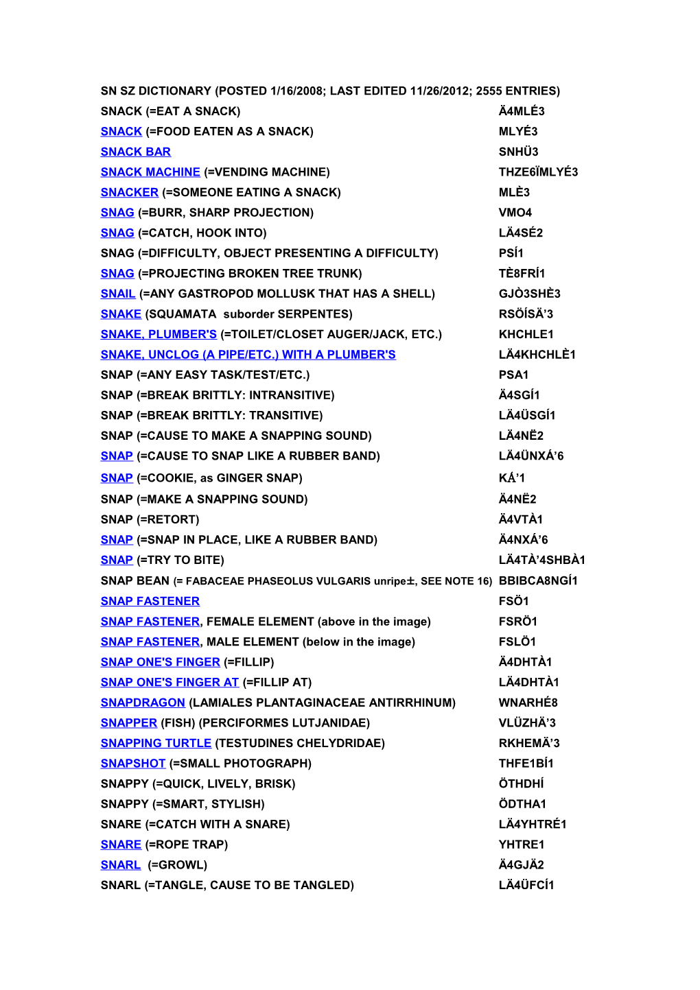 Sn Sz Dictionary (Posted 1/16/2008; Edited 4/3/2008; 2240 Entries)