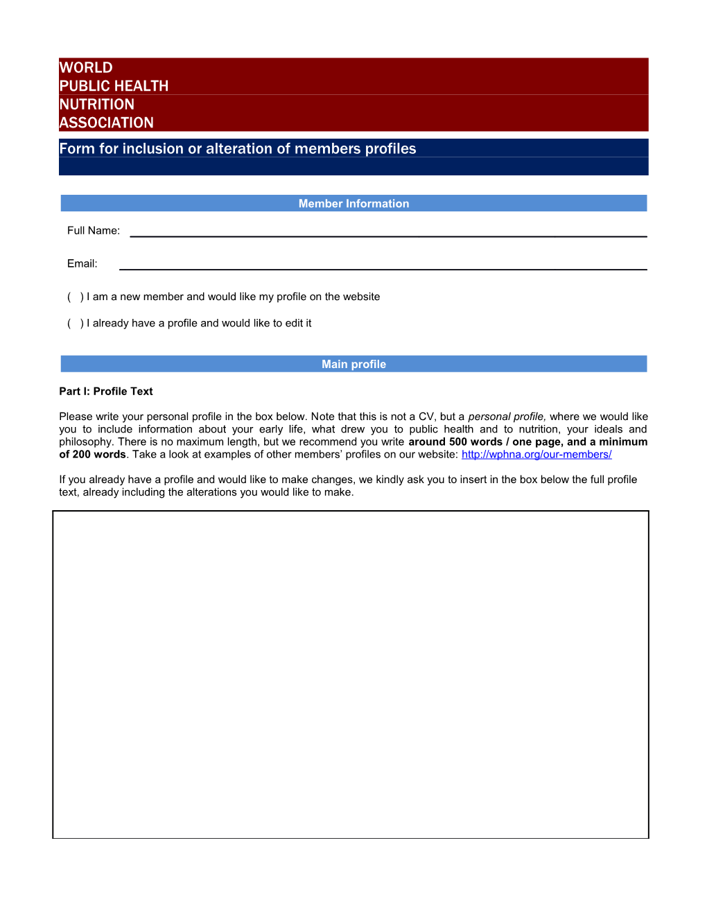 Form for Inclusion Or Alteration of Members Profiles