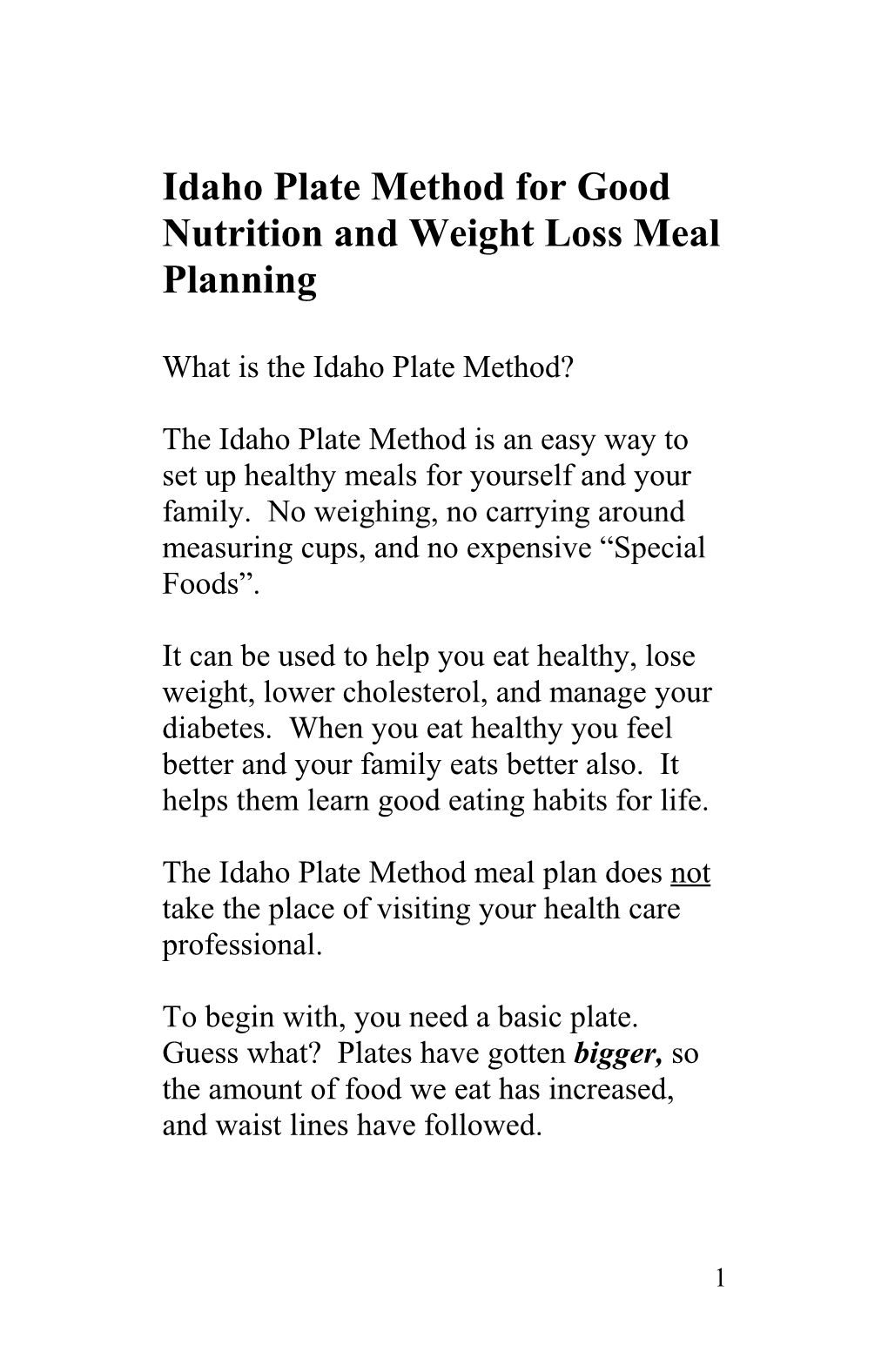 Idaho Plate Method for Meal Planning