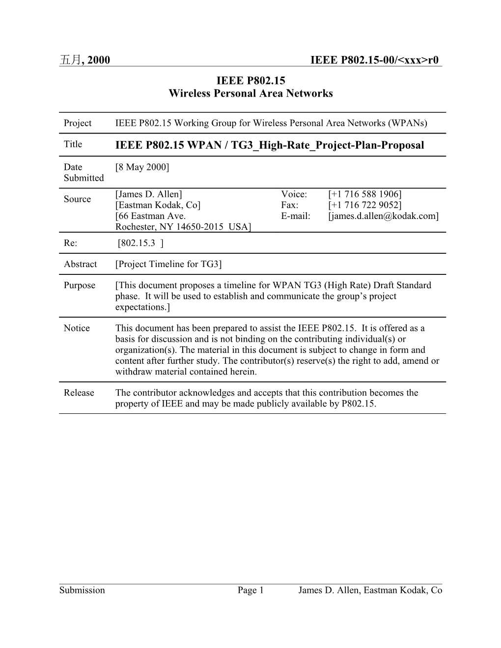 IEEE P802.15 WPAN / TG3 High-Rate Project-Plan-Proposal