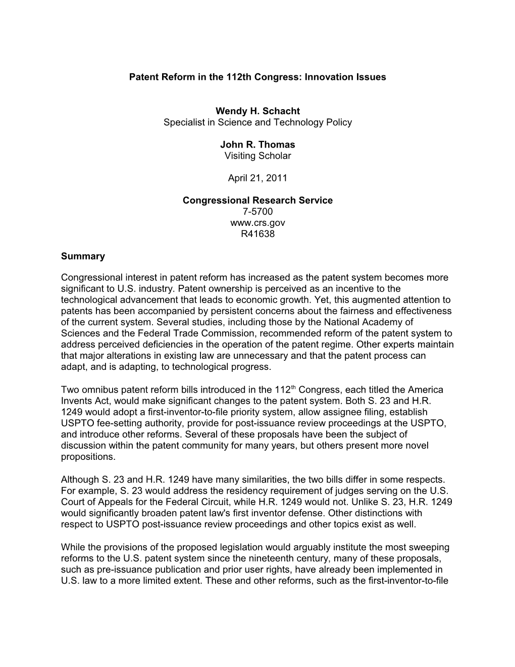 CRS Report on Patents - April 2011