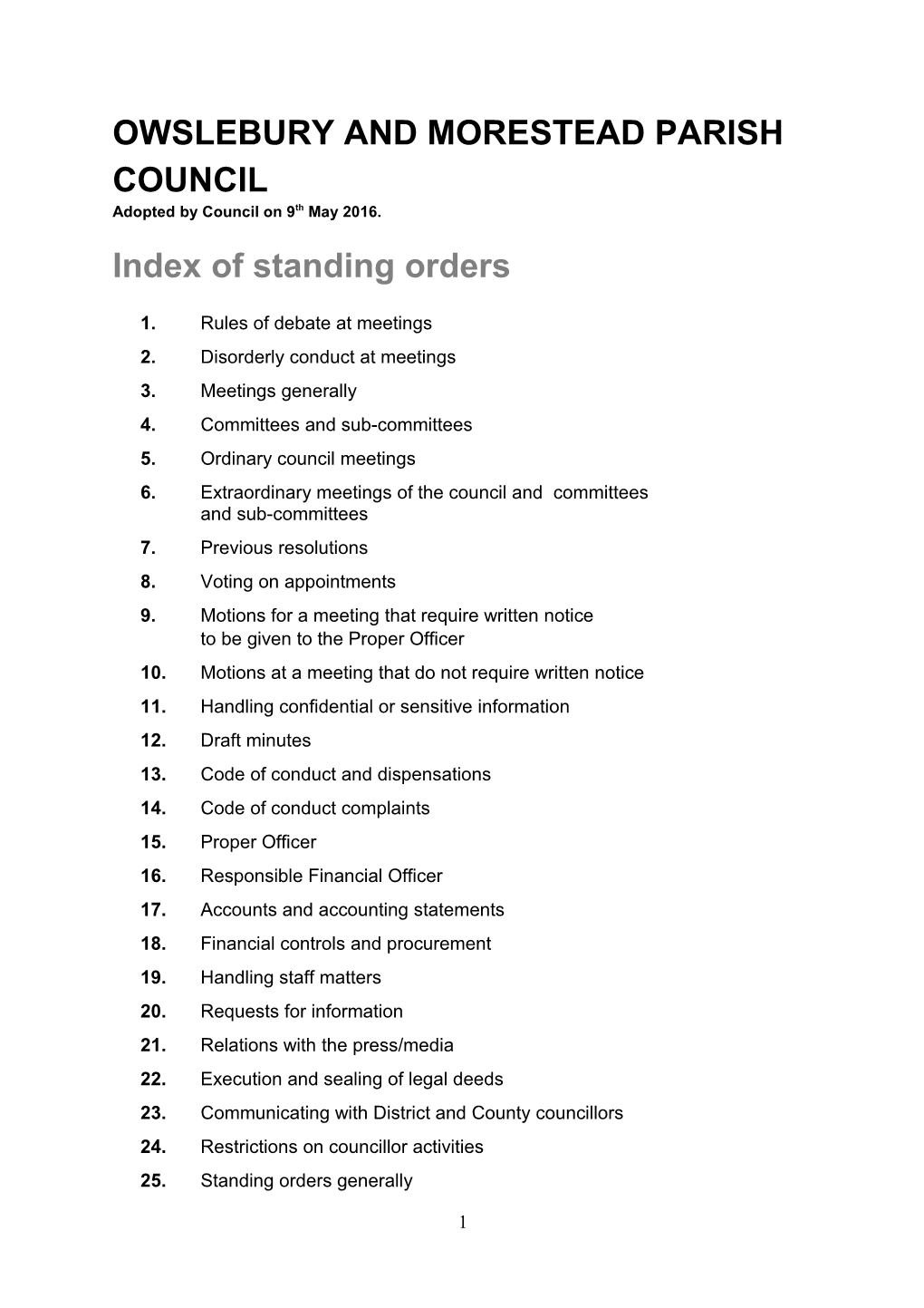 Index of Standing Orders