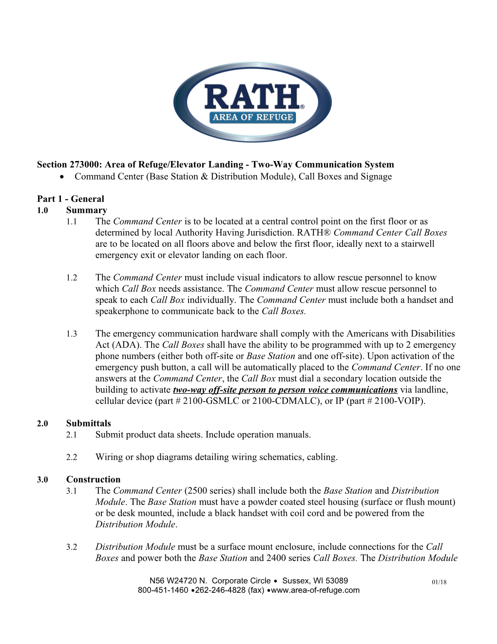 Section 273000: Area of Refuge/Elevator Landing - Two-Way Communication System