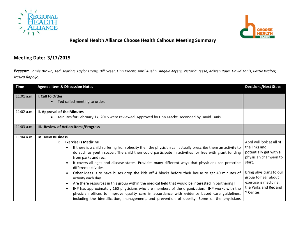 Regional Health Alliance Choose Health Calhoun Meeting Summary