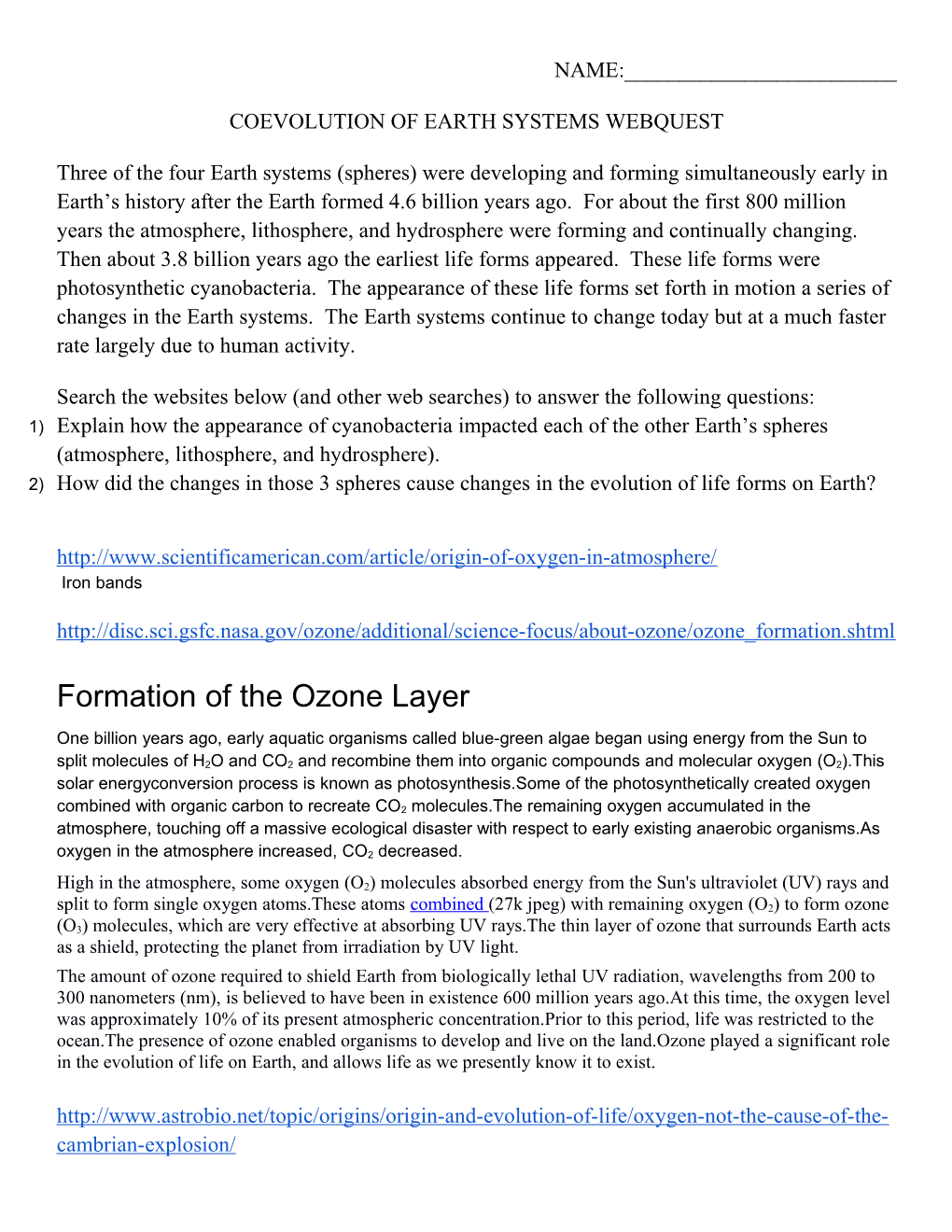 Coevolution of Earth Systems Webquest