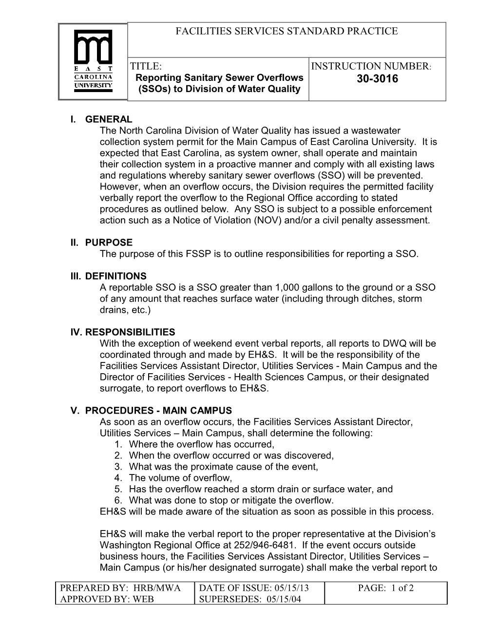 FSSP 30-3016; Reporting Sanitary Sewer Overflows (Ssos) to Division of Water Quality