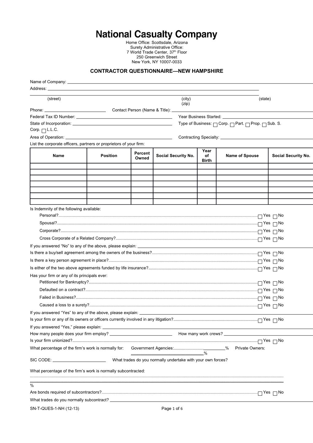 Contractor Questionnaire New Hampshire