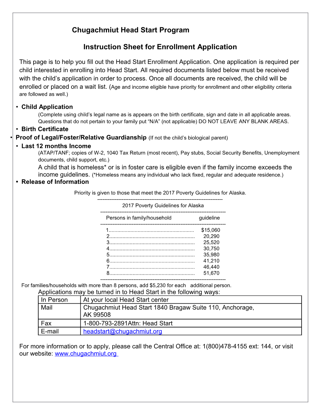 Instruction Sheet for Enrollment Application