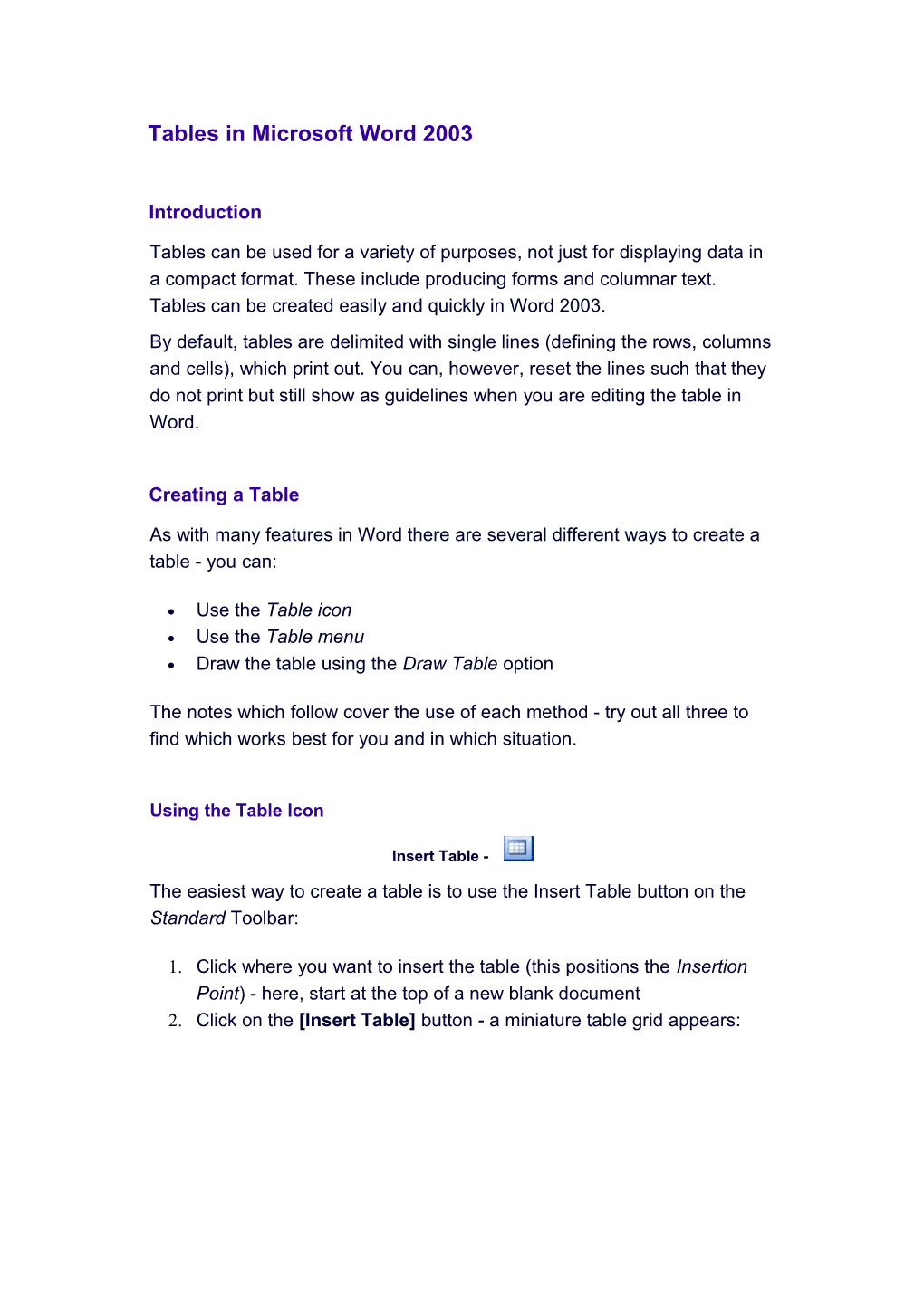 Tables in Microsoft Word 2003