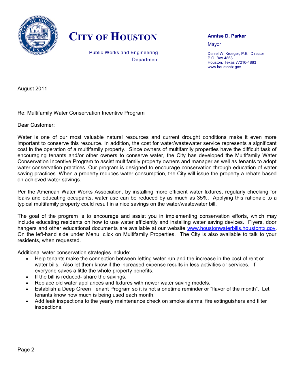 Re: Multifamily Water Conservation Incentive Program