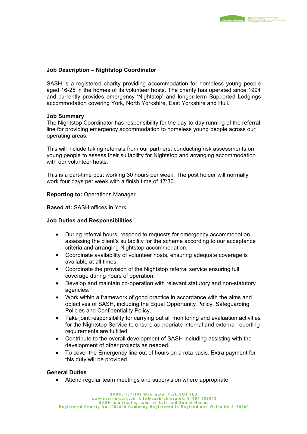 Job Description Nightstop Coordinator