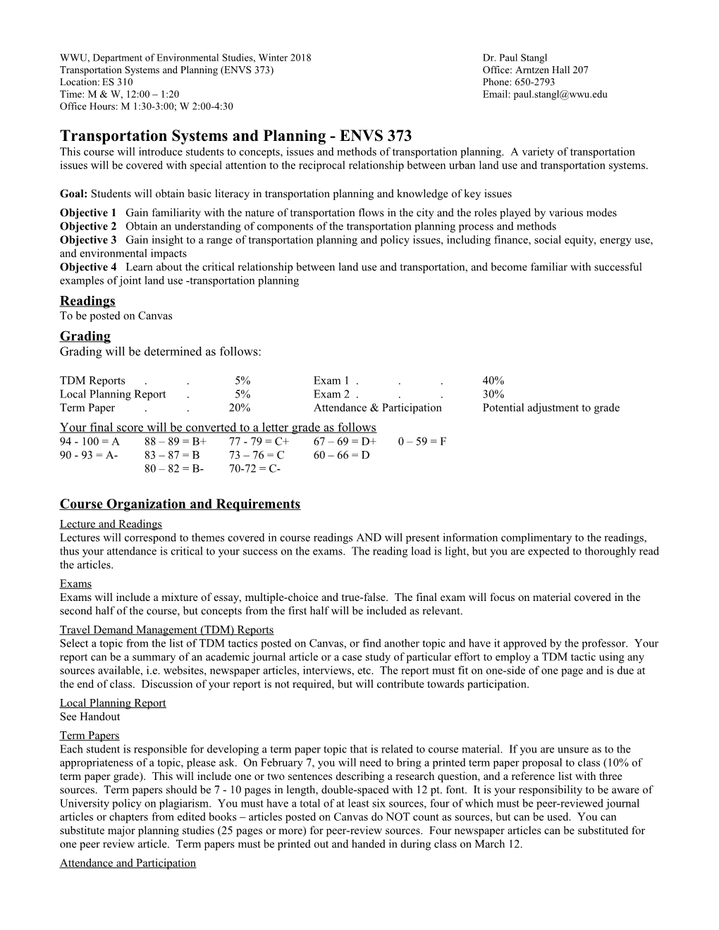 WWU, Department of Environmental Studies, Winter 2018 Dr. Paul Stangl