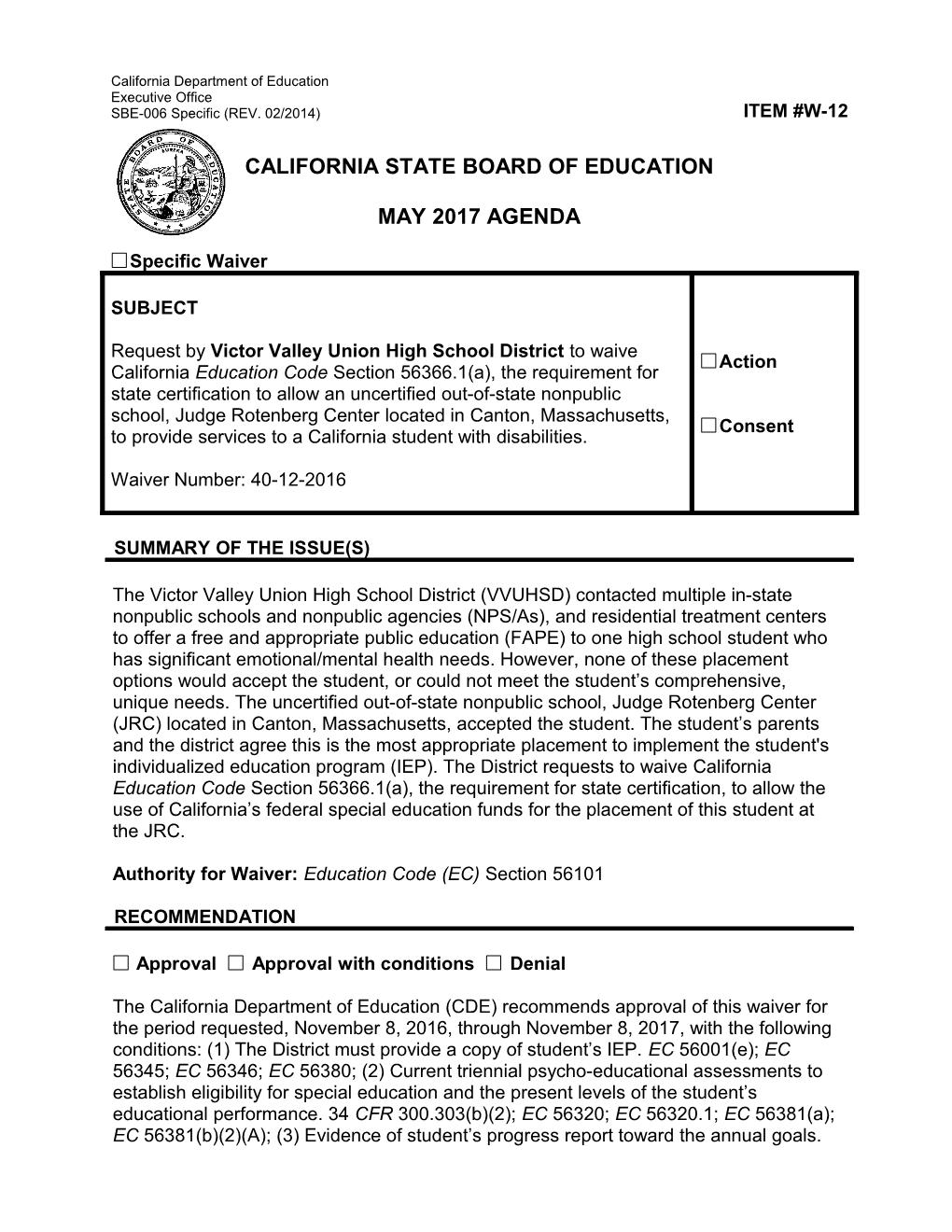 May 2017 Agenda Item W-12 - Meeting Agendas (CA State Board of Education)