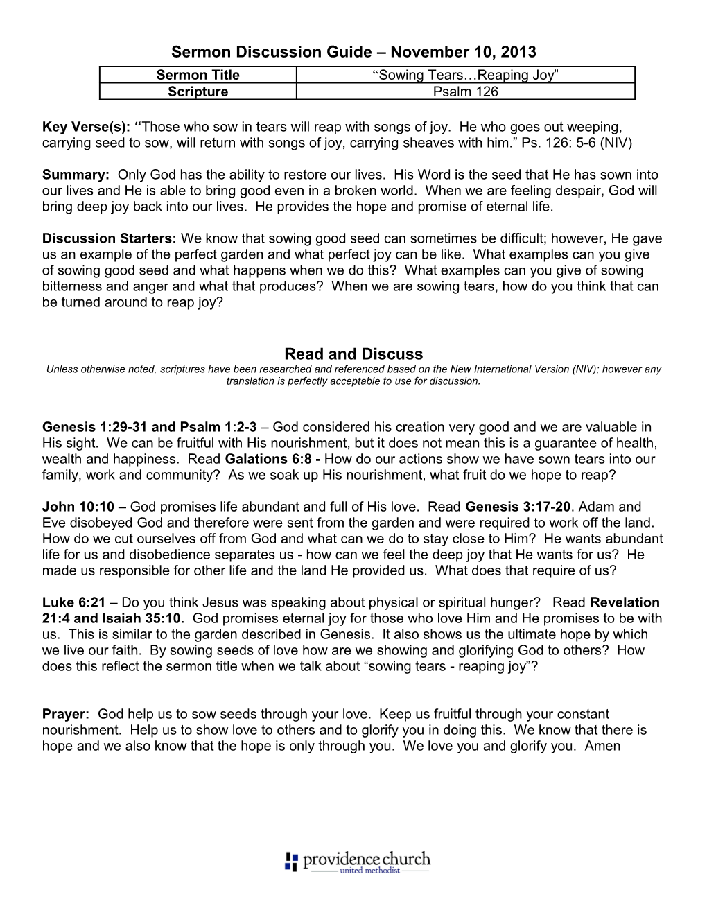 Sermon Discussion Guide November 10, 2013