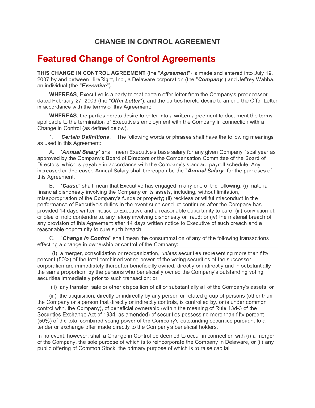Featured Change of Control Agreements