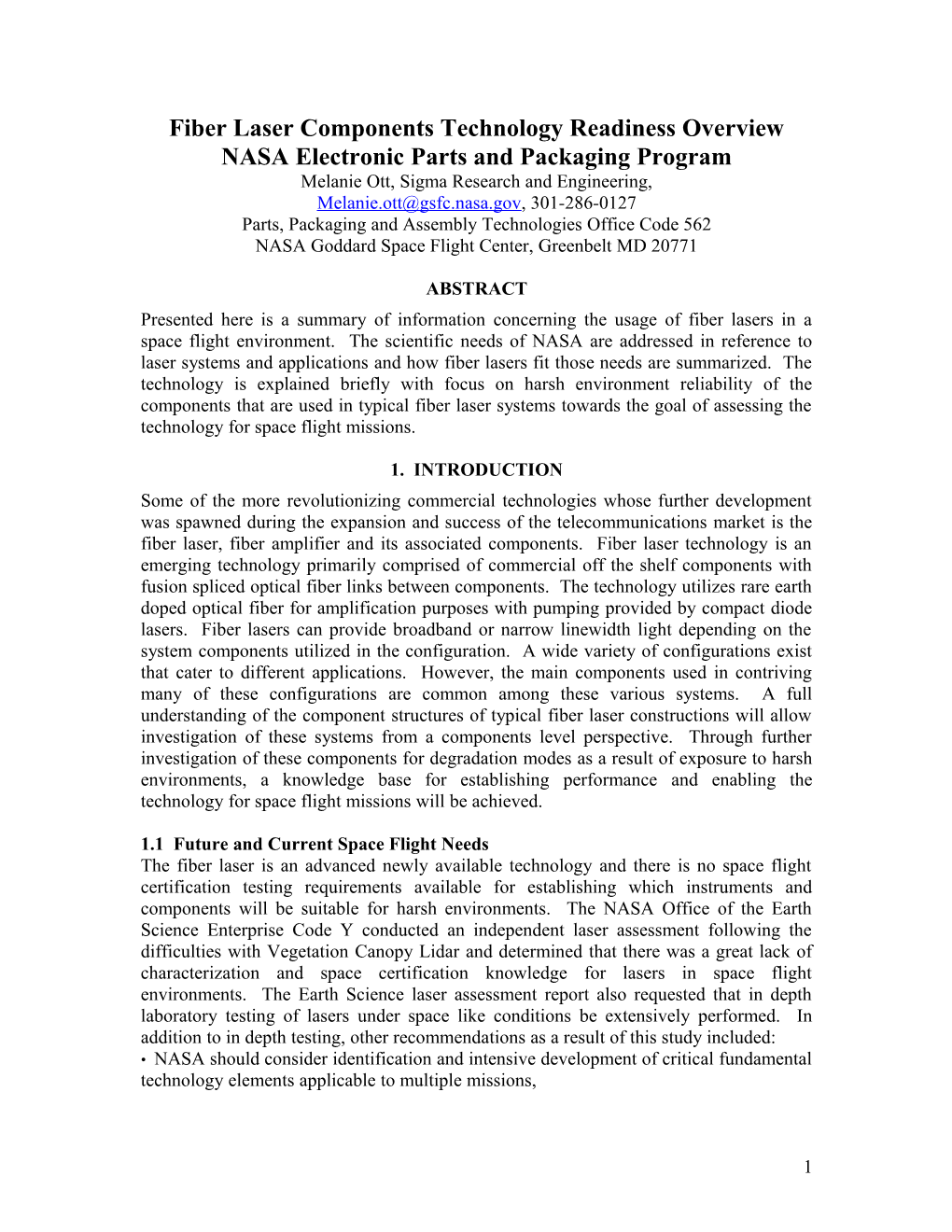 Fiber Laser Components Technology Readiness Overviewnasa Electronic Parts and Packaging Program