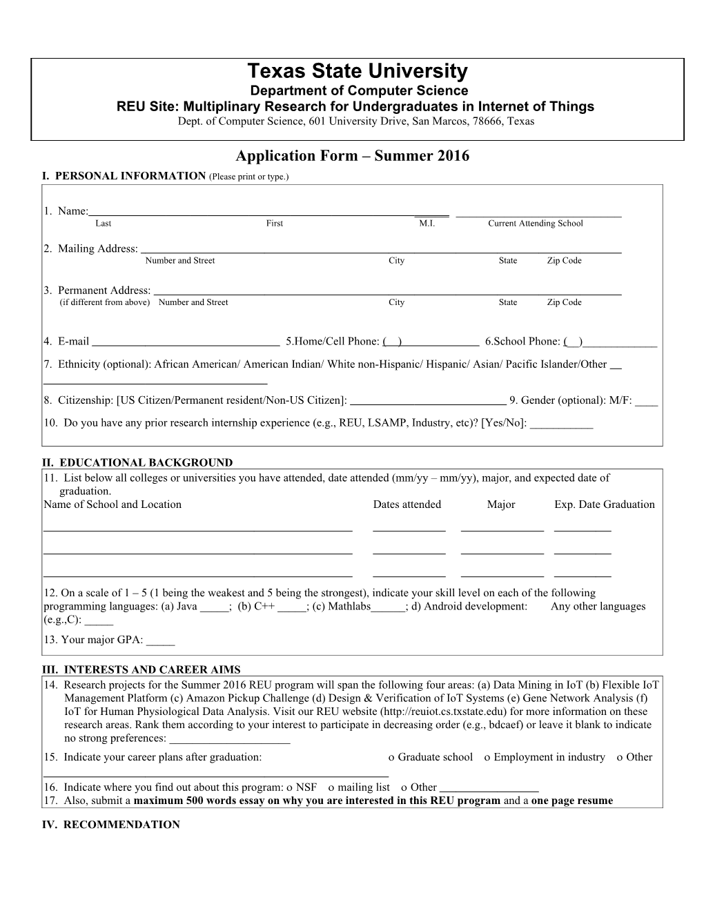 Application Form Summer 2016