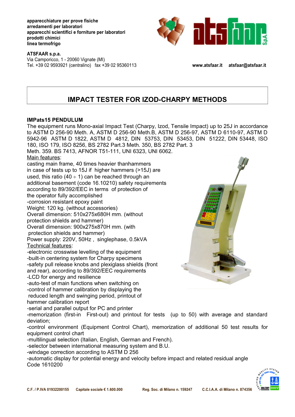 Impact Tester for Izod-Charpy Methods