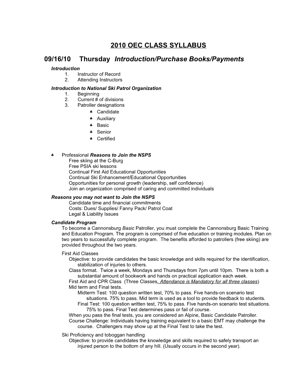 2010 Oec Class Syllabus