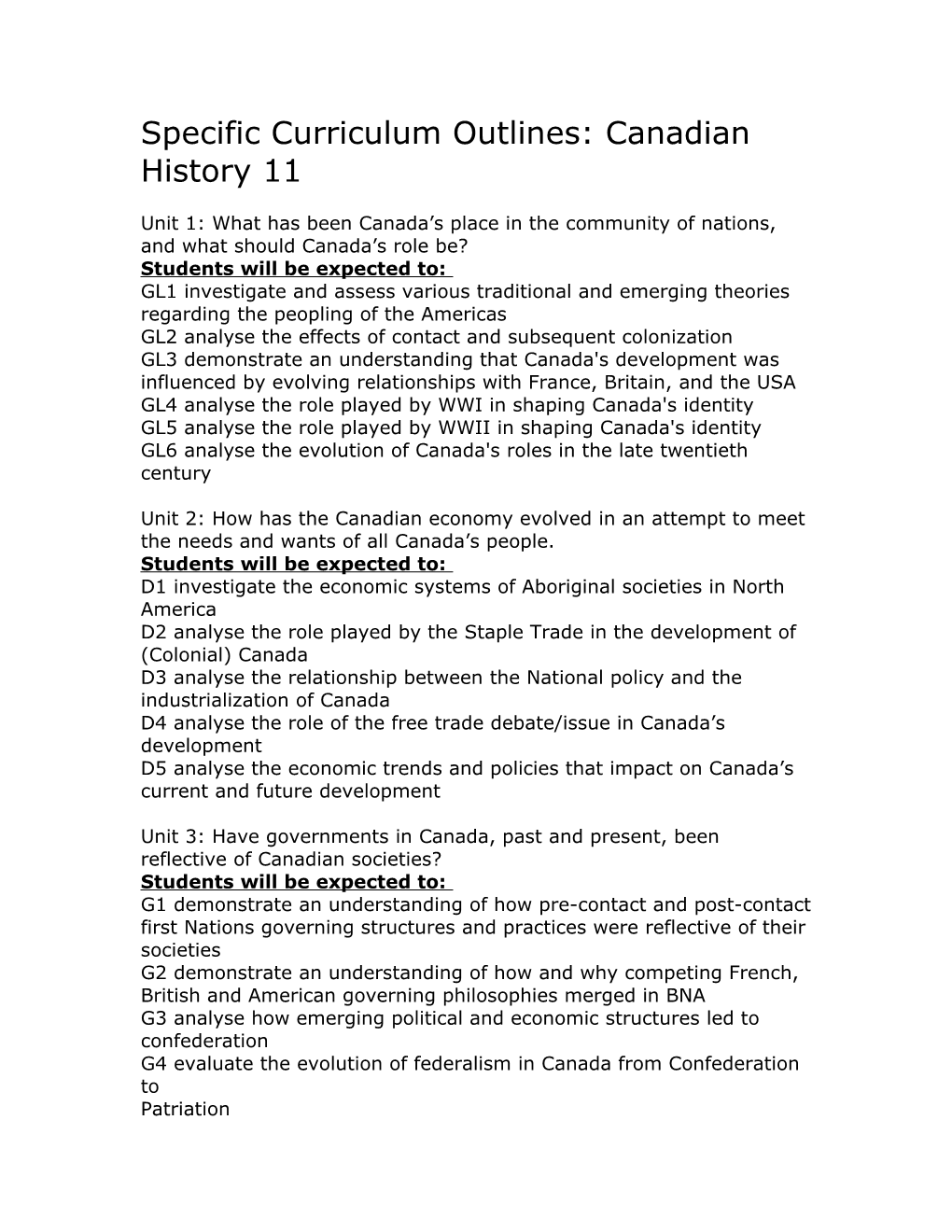 Canadian History 11 Curriculum Outcomes