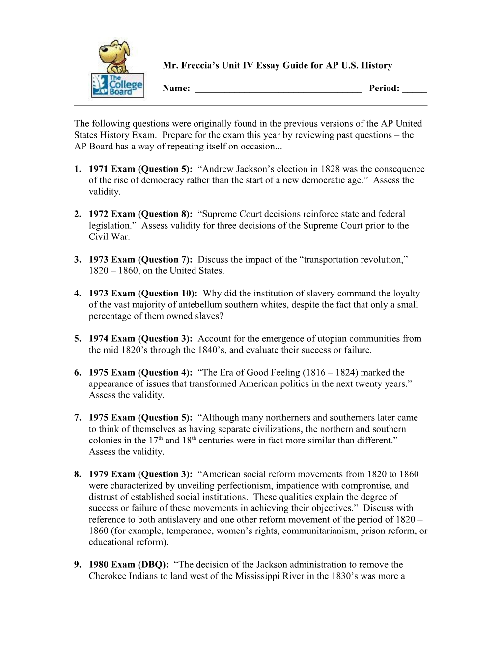 Mr. Freccia S Unit IV Essay Guide for AP U.S. History