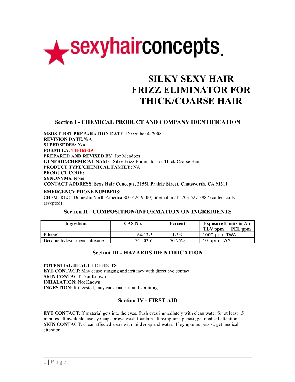 Section I - CHEMICAL PRODUCT and COMPANY IDENTIFICATION