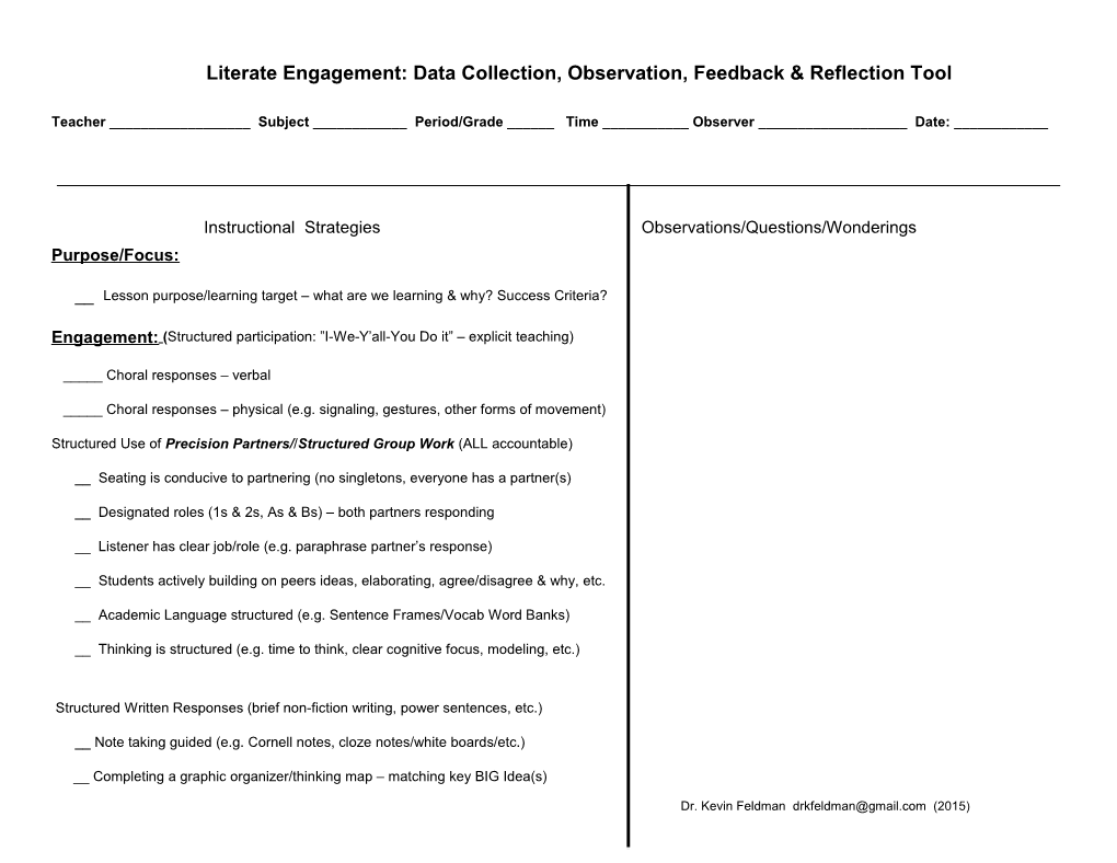 Literate Engagement: Data Collection, Observation, Feedback & Reflection Tool