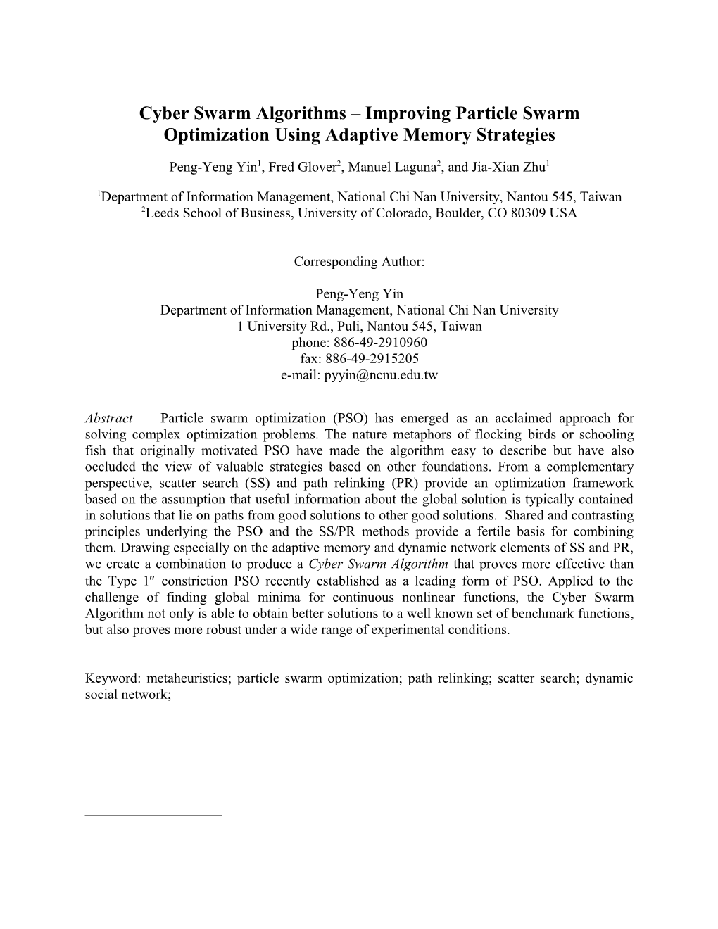 Cyber Swarm Algorithms Improving Particle Swarm Optimization Using Adaptive Memory Strategies