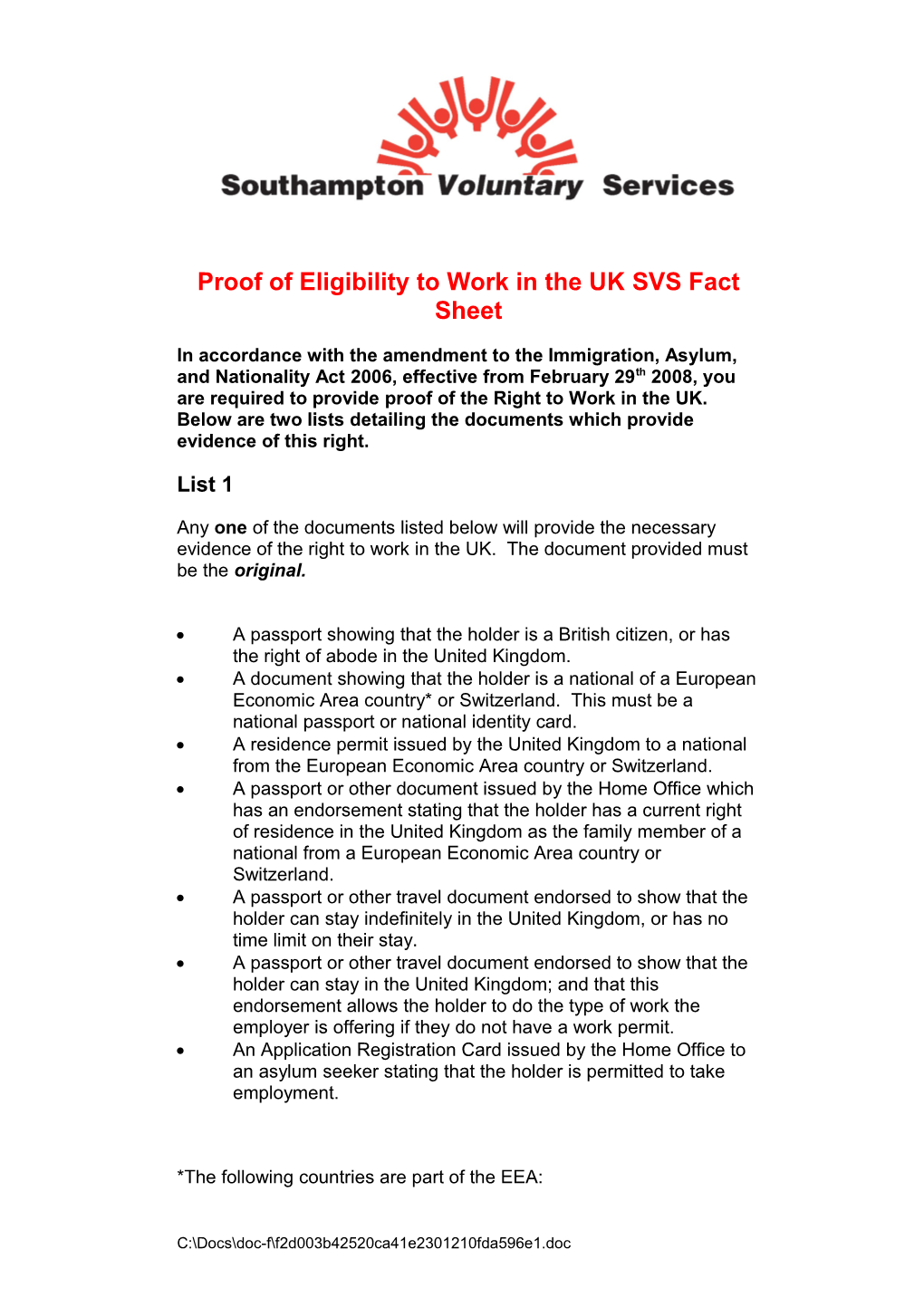 Proof of Eligibility to Work in the UKSVS Fact Sheet