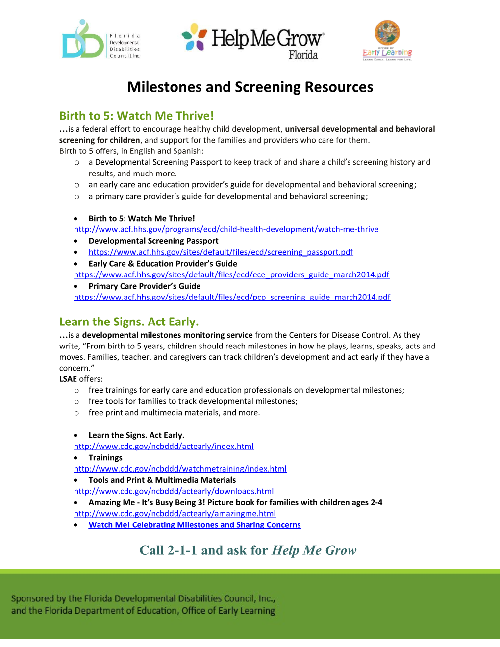Milestones and Screening Resources