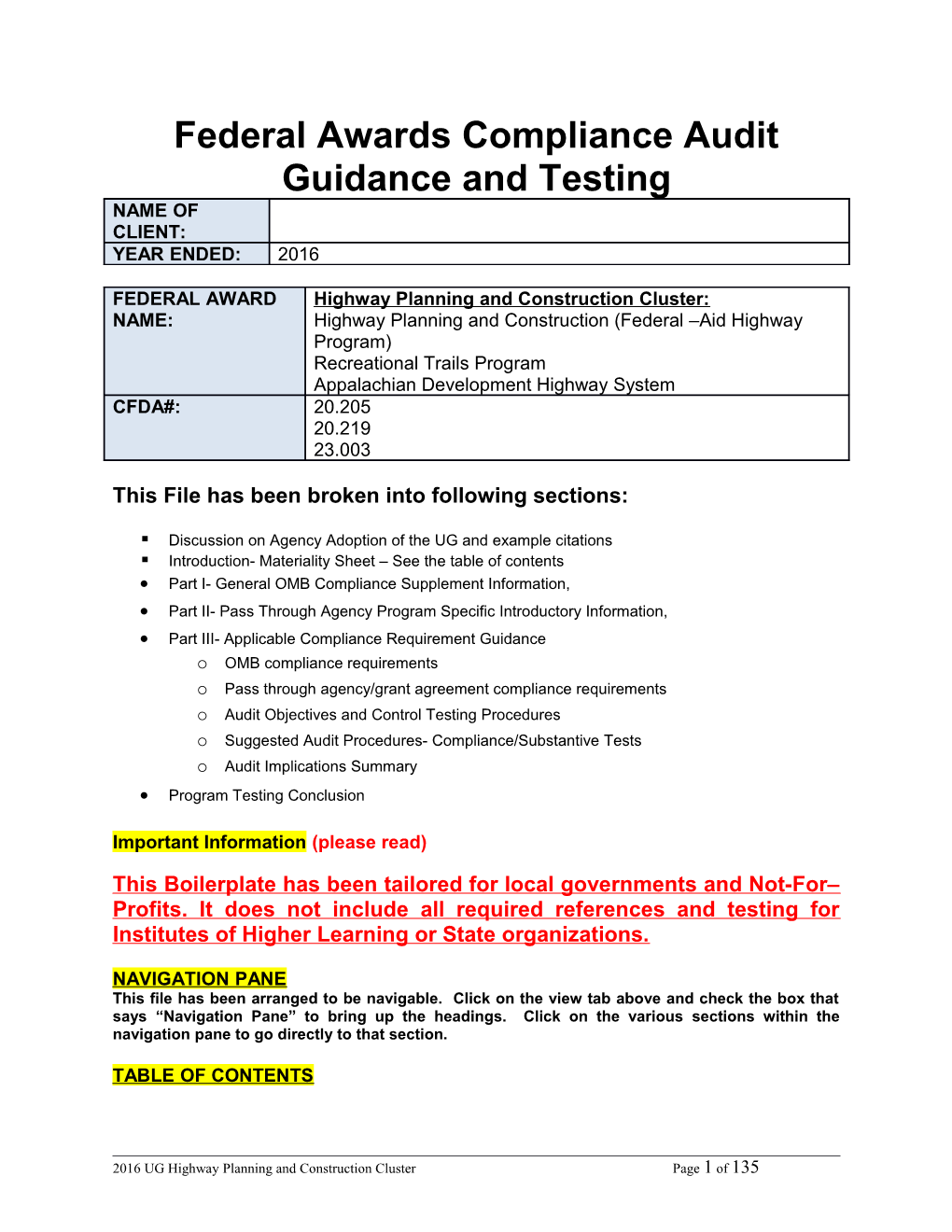 Federal Awards Compliance Audit Guidance and Testing