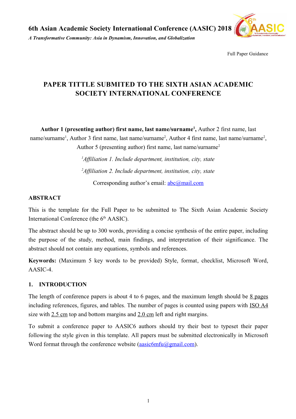 4Th AASIC Full Paper Template