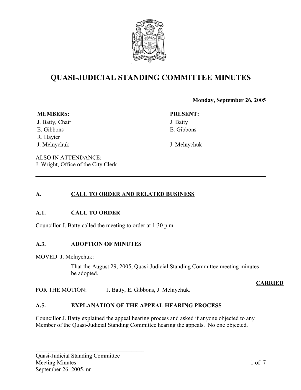 Minutes for Quasi-Judicial Standing Committee September 26, 2005 Meeting