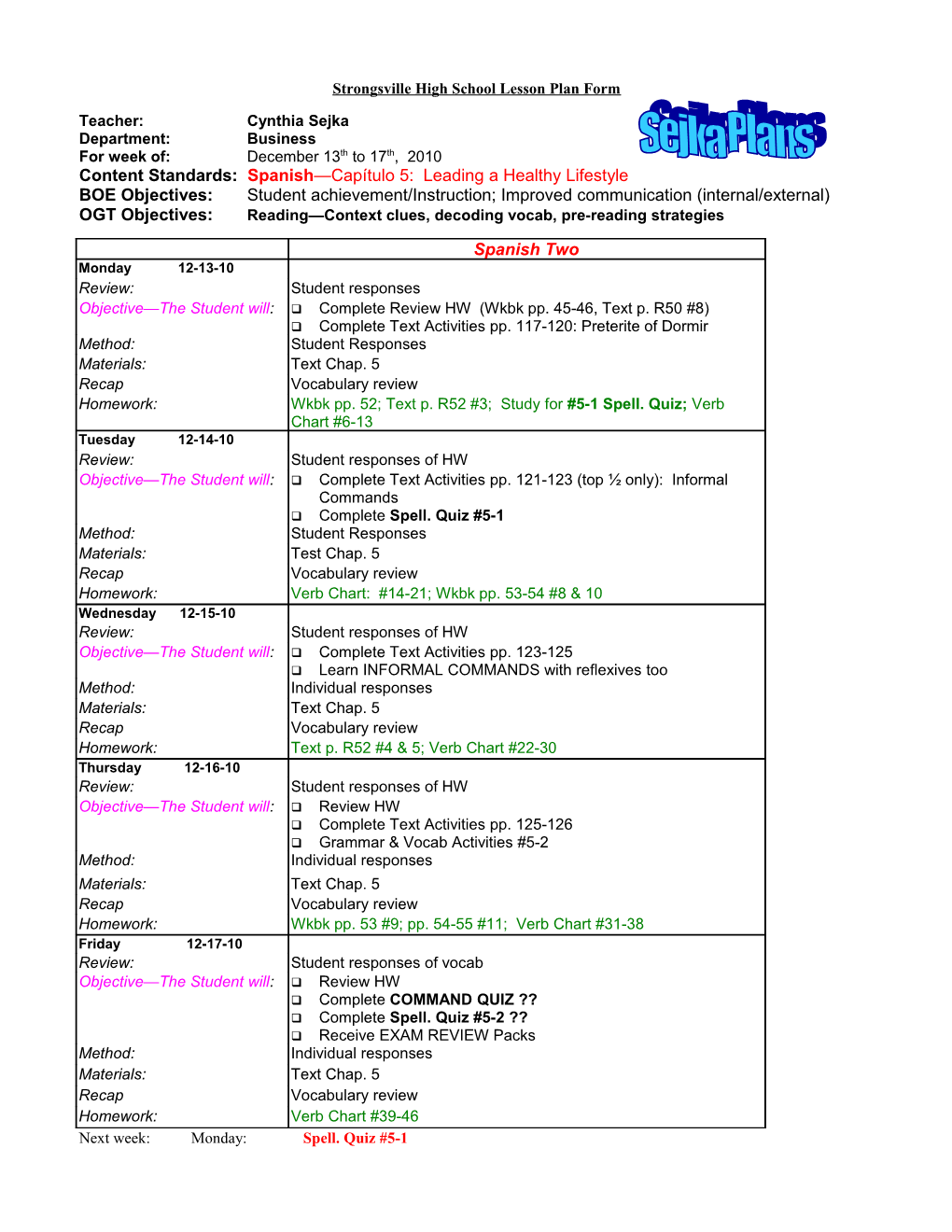 Strongsville High School Lesson Plan Form s2