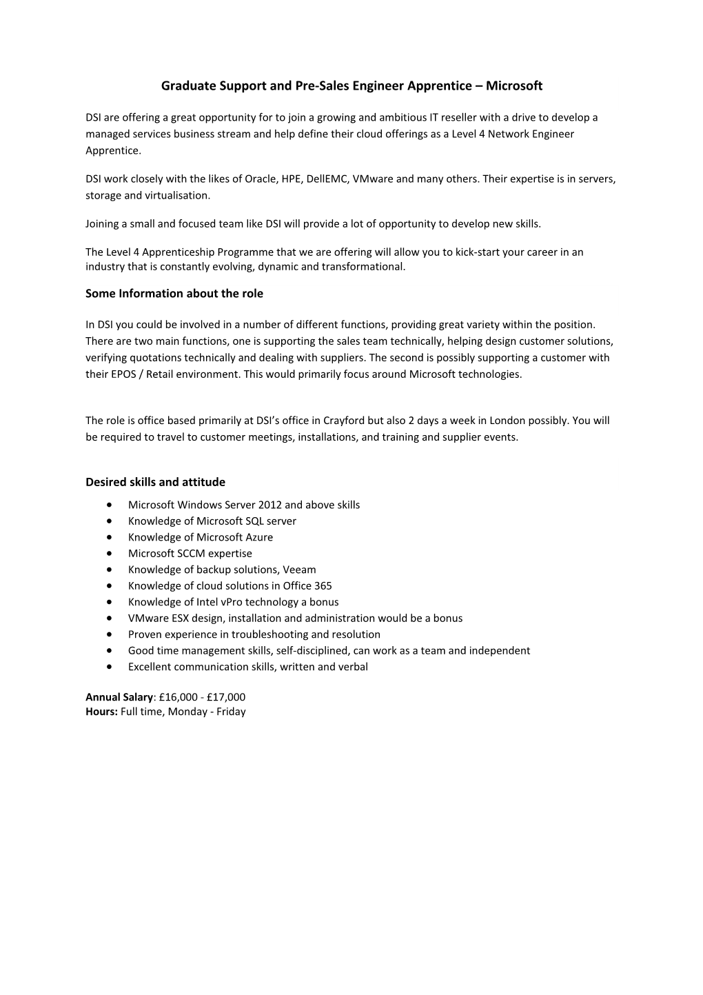 Graduate Support and Pre-Sales Engineer Apprentice Microsoft