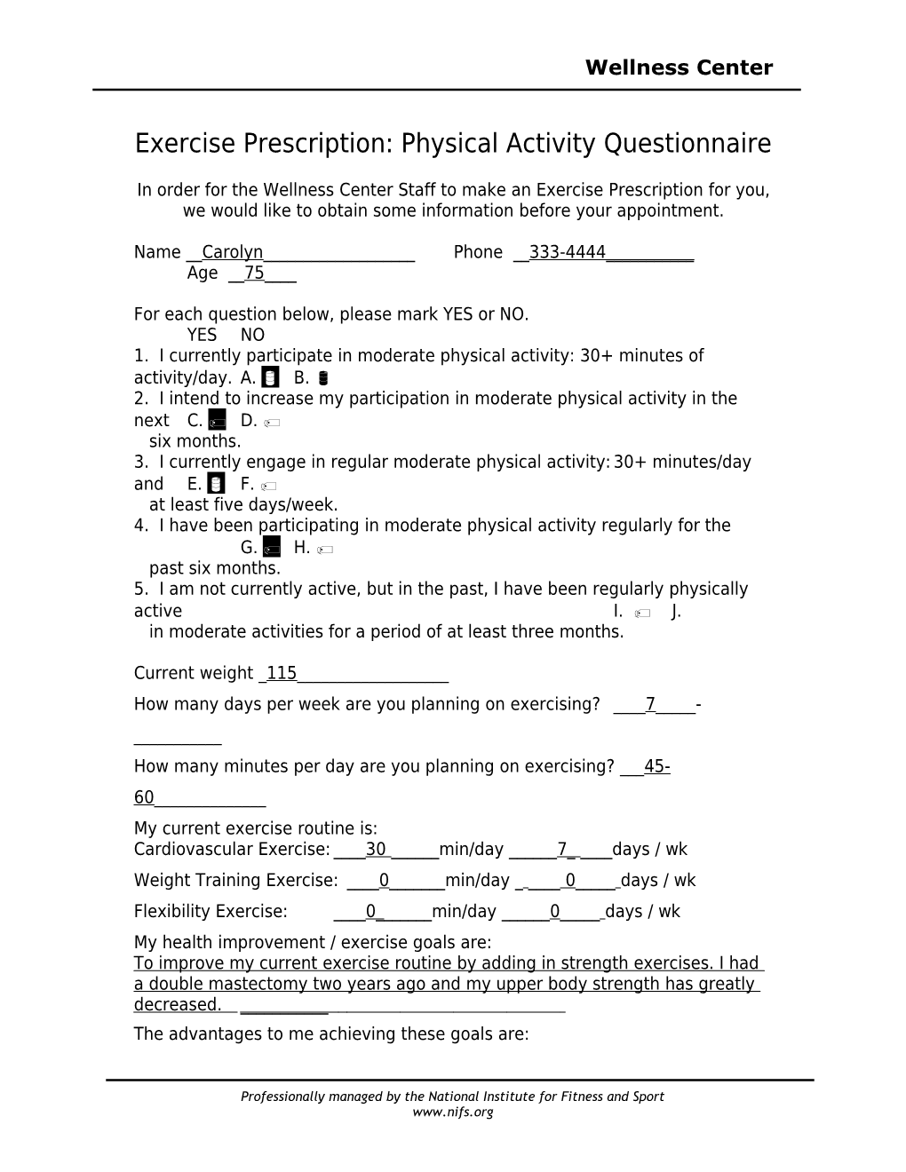 Exercise Prescription: Physical Activity Questionnaire