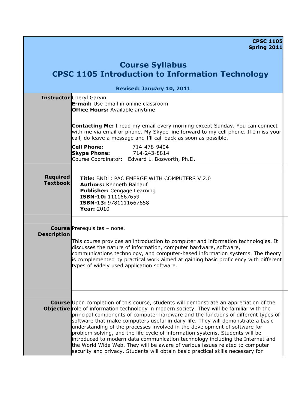 Course Syllabuscpsc 1105 Introduction to Information Technology