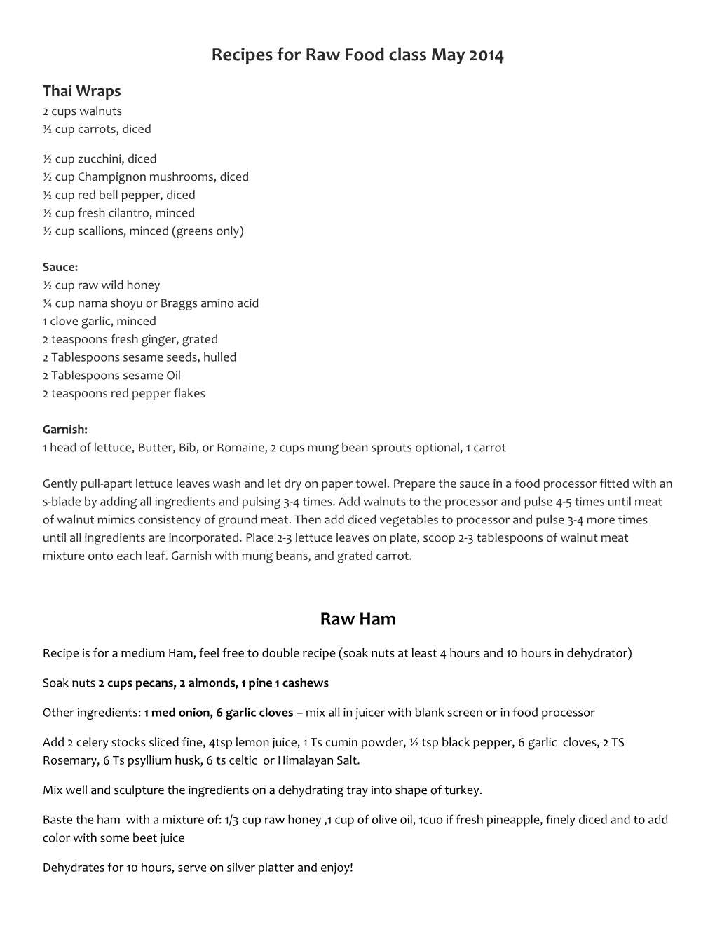 Recipes for Raw Food Class May 2014