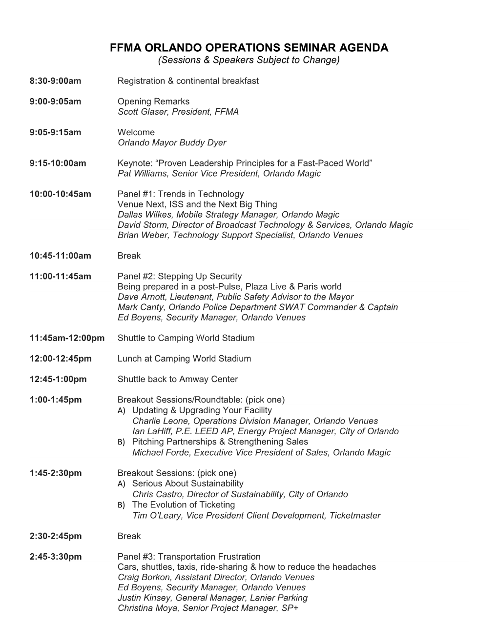 Ffma Orlando Operations Seminar Agenda