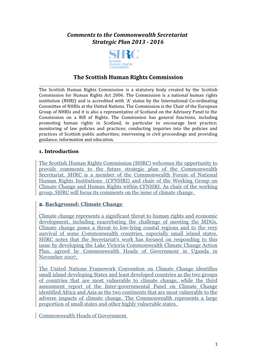 Comments to the Commonwealth Secretariat Strategic Plan