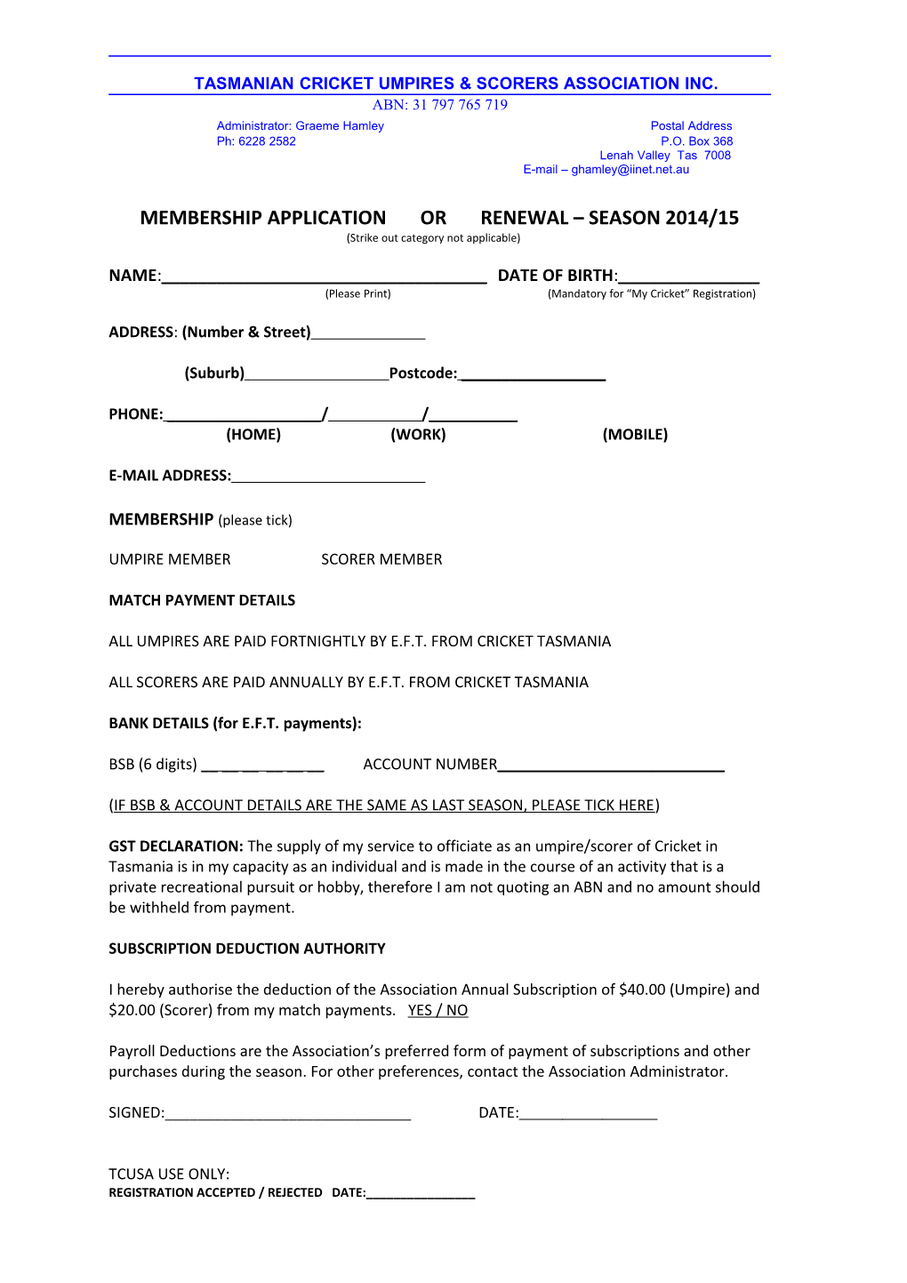 Registration Form Season 2003 / 2004