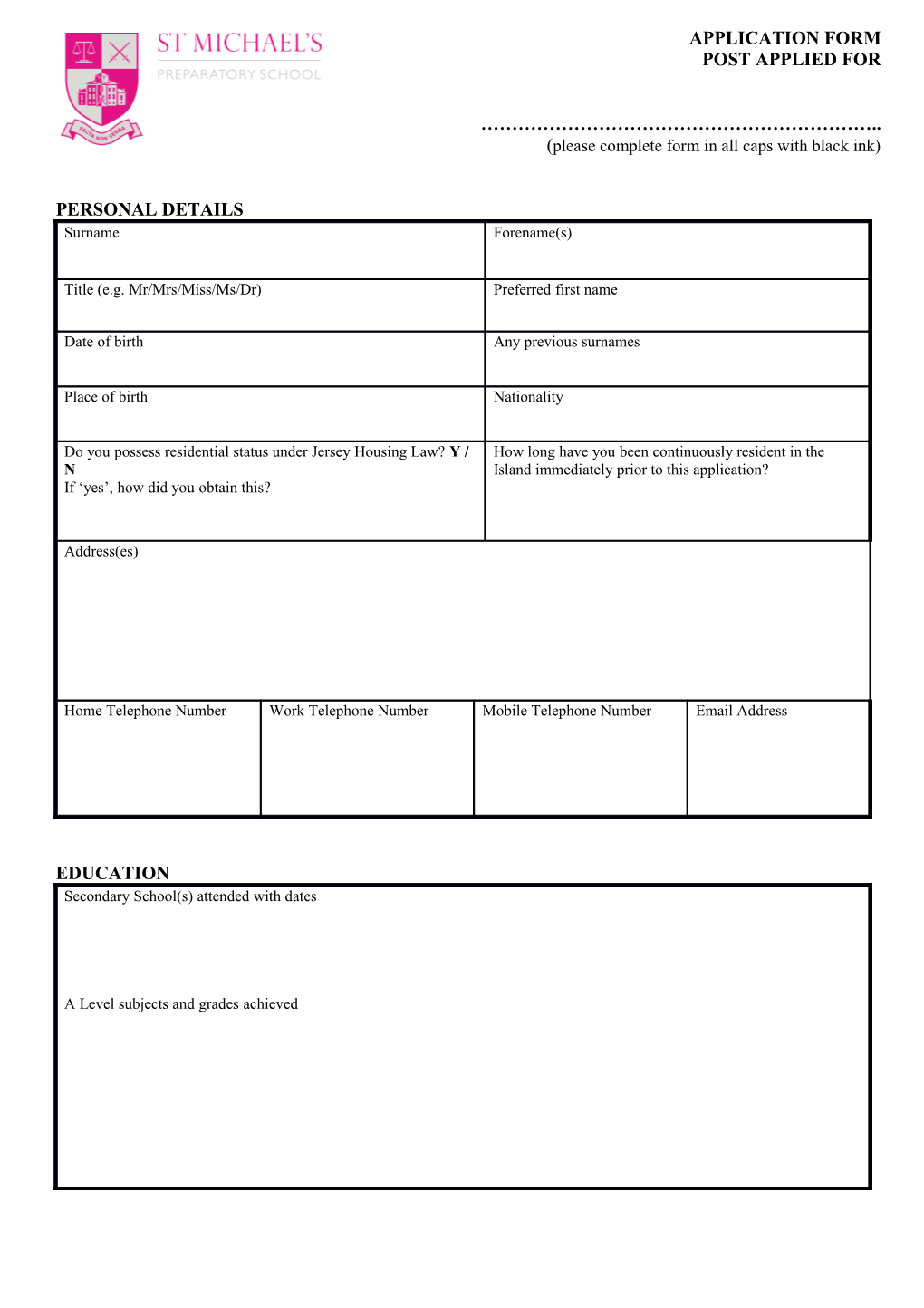 Headteacher Application Form