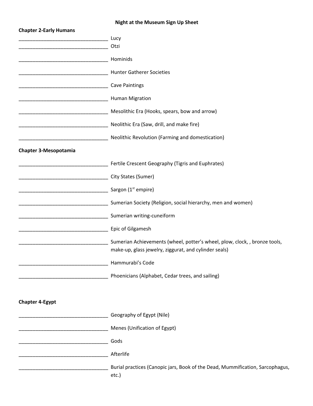 Night at the Museum Sign up Sheet