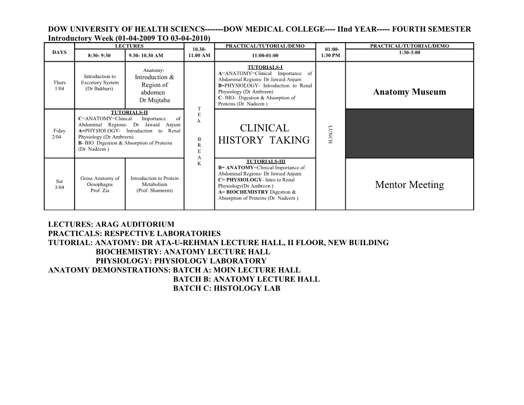 DOW UNIVERSITY of HEALTH SCIENCS DOW MEDICAL COLLEGE Iind YEAR FOURTH SEMESTER