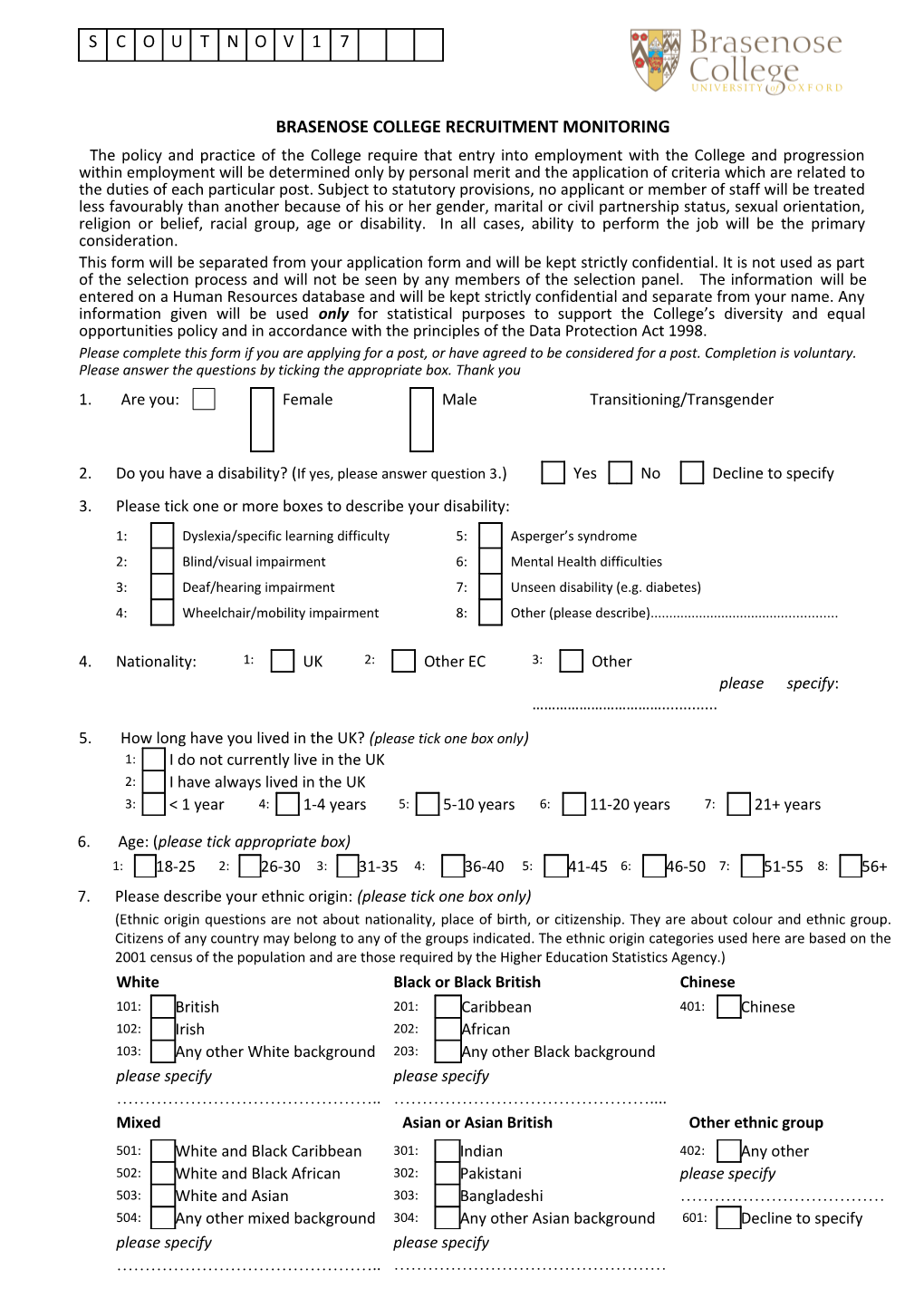 Brasenose College Recruitment Monitoring