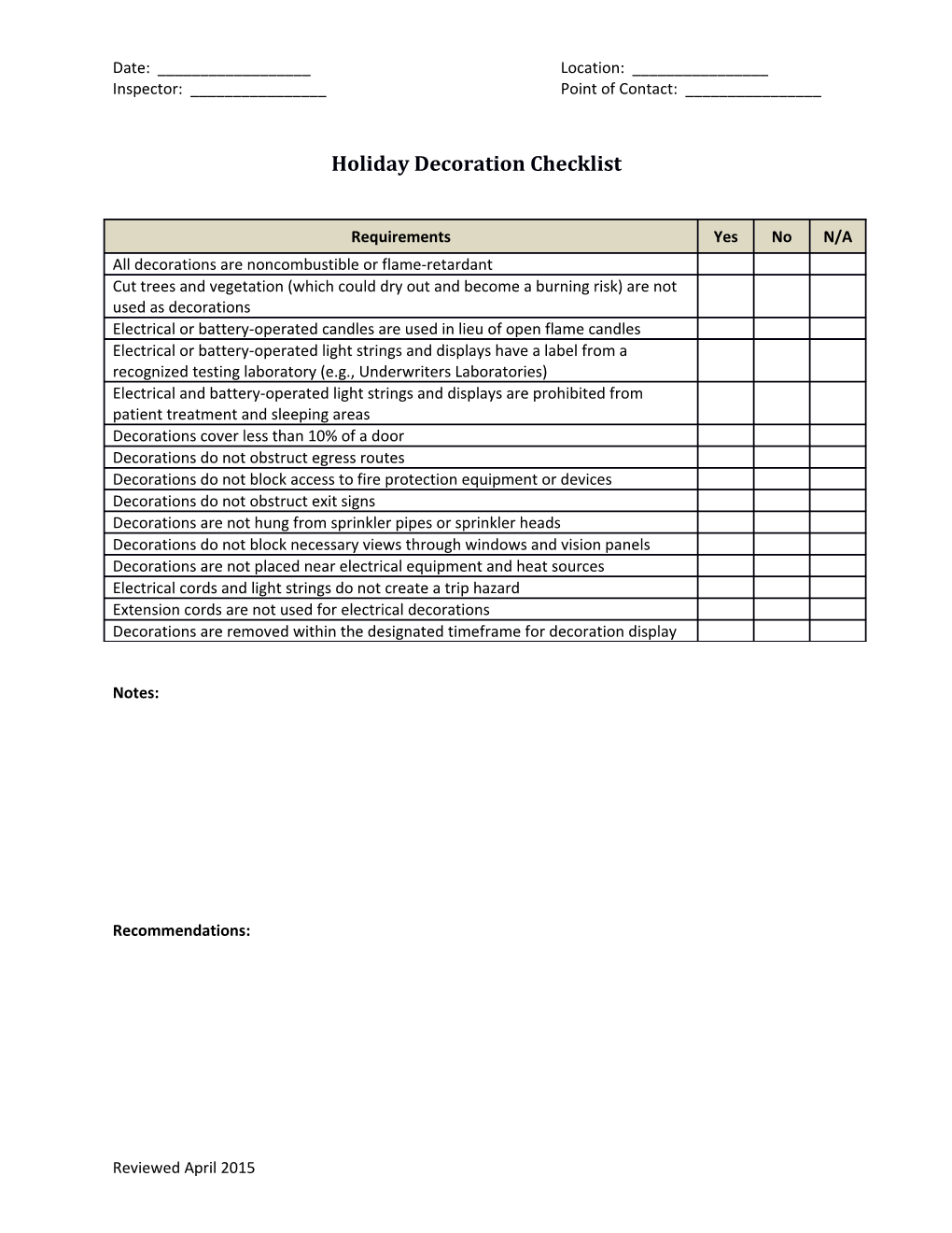Medical Safety Template-Holiday Decoration Checklist