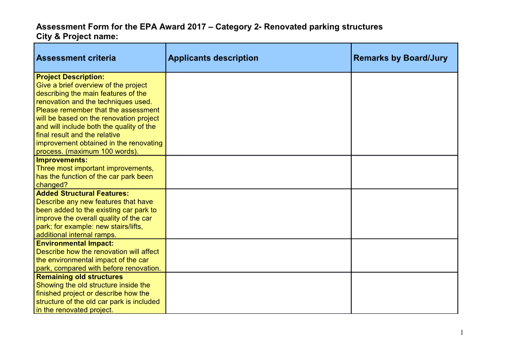 Assessment Form for the EPA Award 2017 Category 2- Renovated Parking Structures